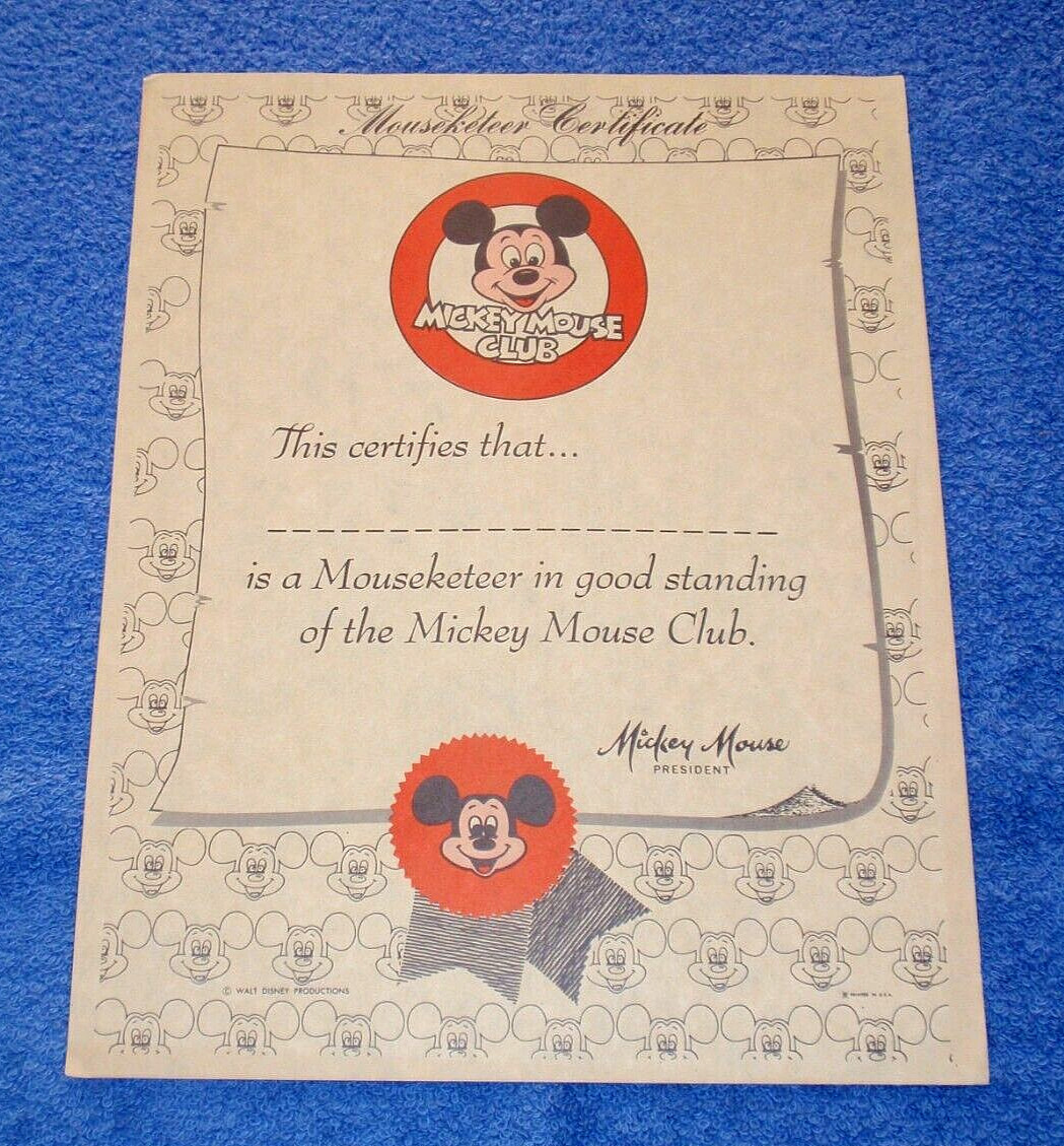 ORIGINAL UNUSED DISNEY MICKEY MOUSE CLUB HONORARY MOUSEKETEER CERTIFICATE - (B)