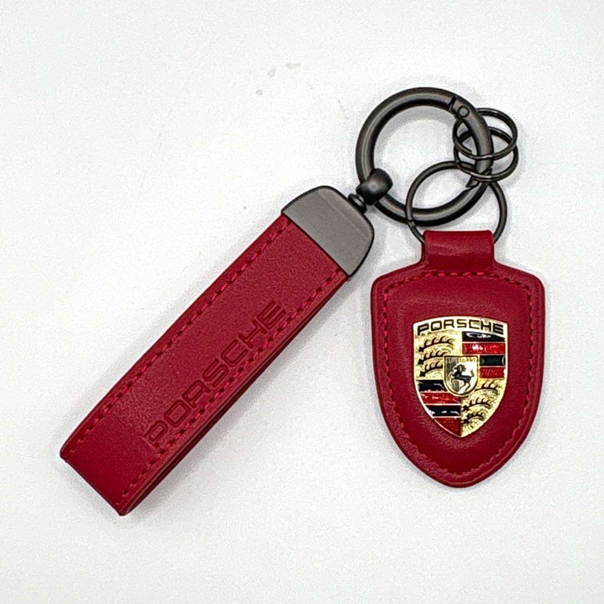 NEW - Leather Custom Red Porsche Crest Emblem Car Key Chain Key Ring Holder Gift
