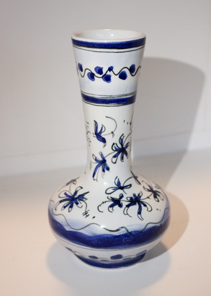Portuguese Faience Blue & White Hand-Painted Floral Vase J.S.A Portugal