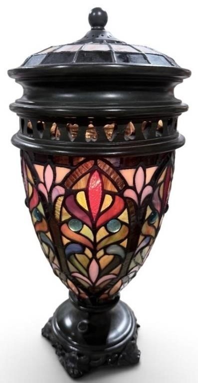 Tiffany Style Stained Glass Floral Urn Table Lamp Ornate Metal Base 18\
