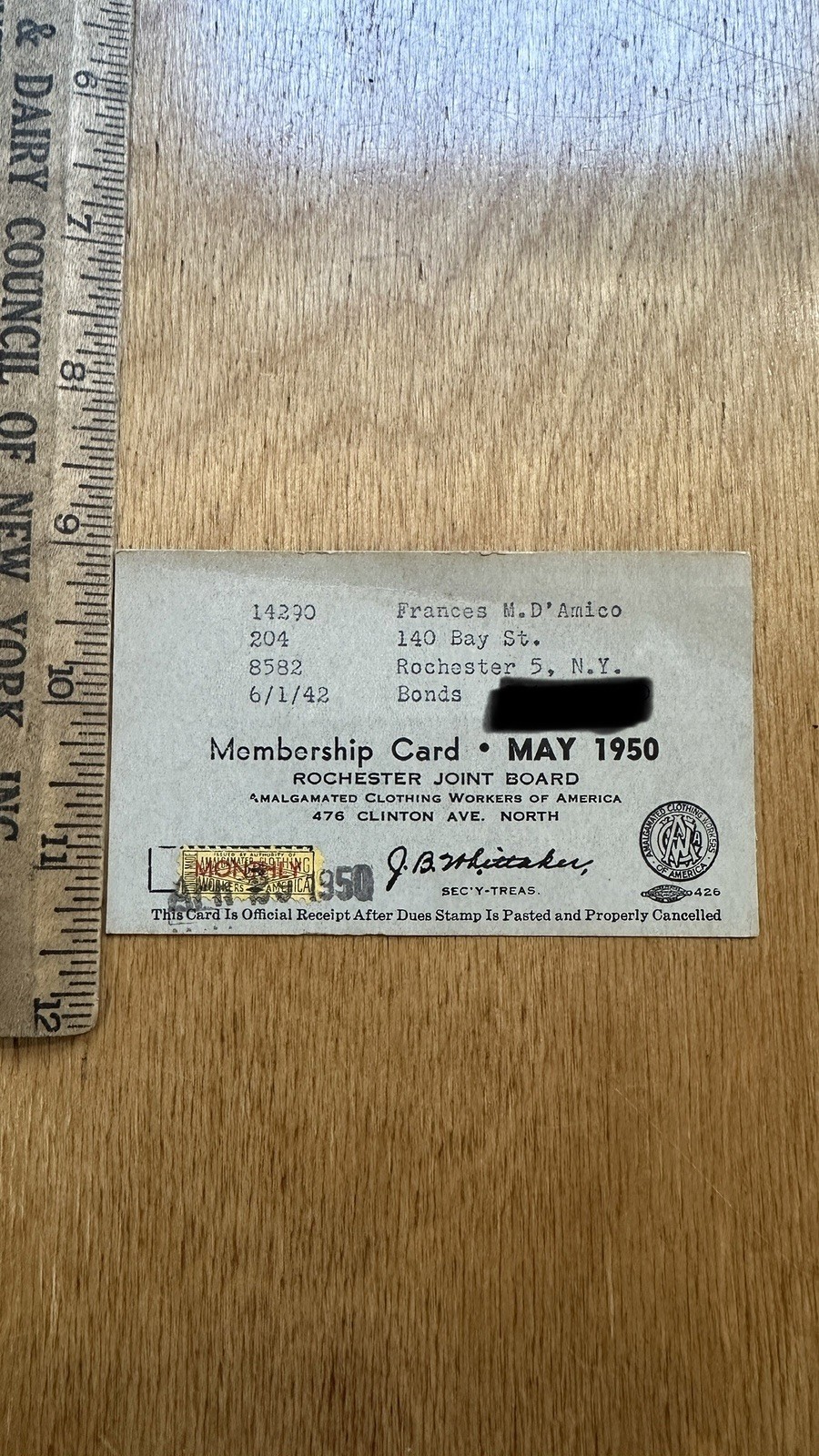 Vintage 1950 Amalgamated Clothing Workers Rochester NY Union Membership Card