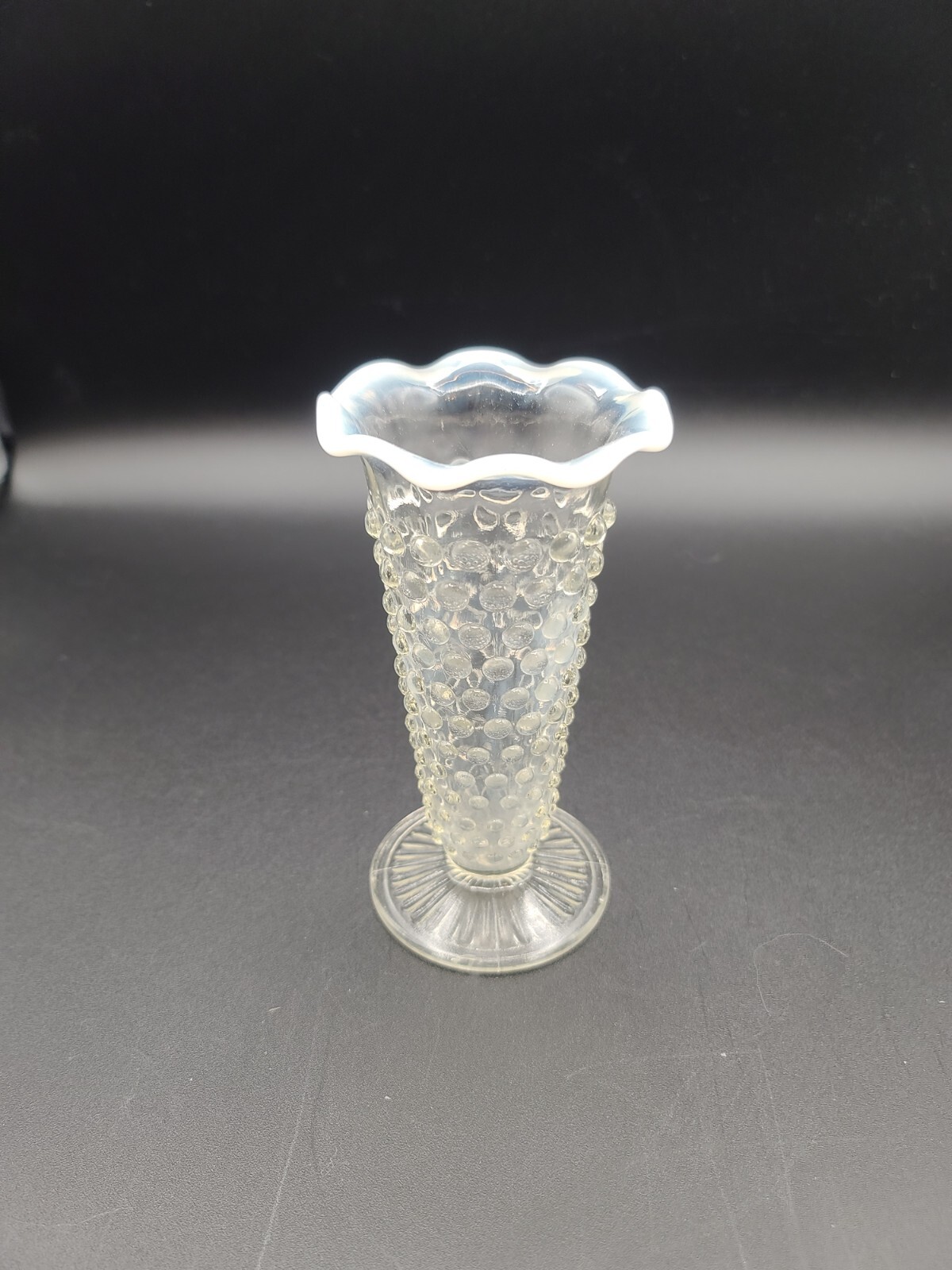 Anchor Hocking Hobnail - White Opalescent Moonstone - Ruffled Small Trumpet Vase