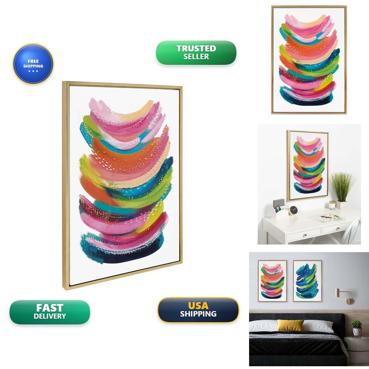 Kate and Laurel Sylvie Bright Abstract Framed Canvas 23x33 Bright Gold Wall Art