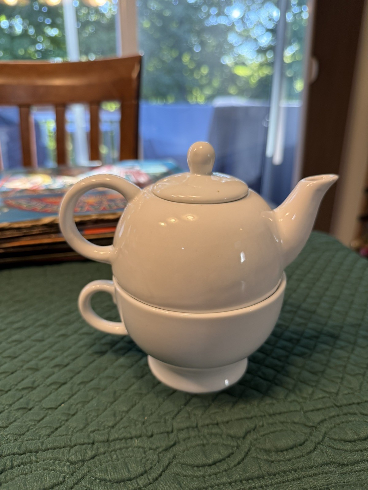 Design Pac Tea For One Stackable Teapot & Mug Set White Ceramic EUC