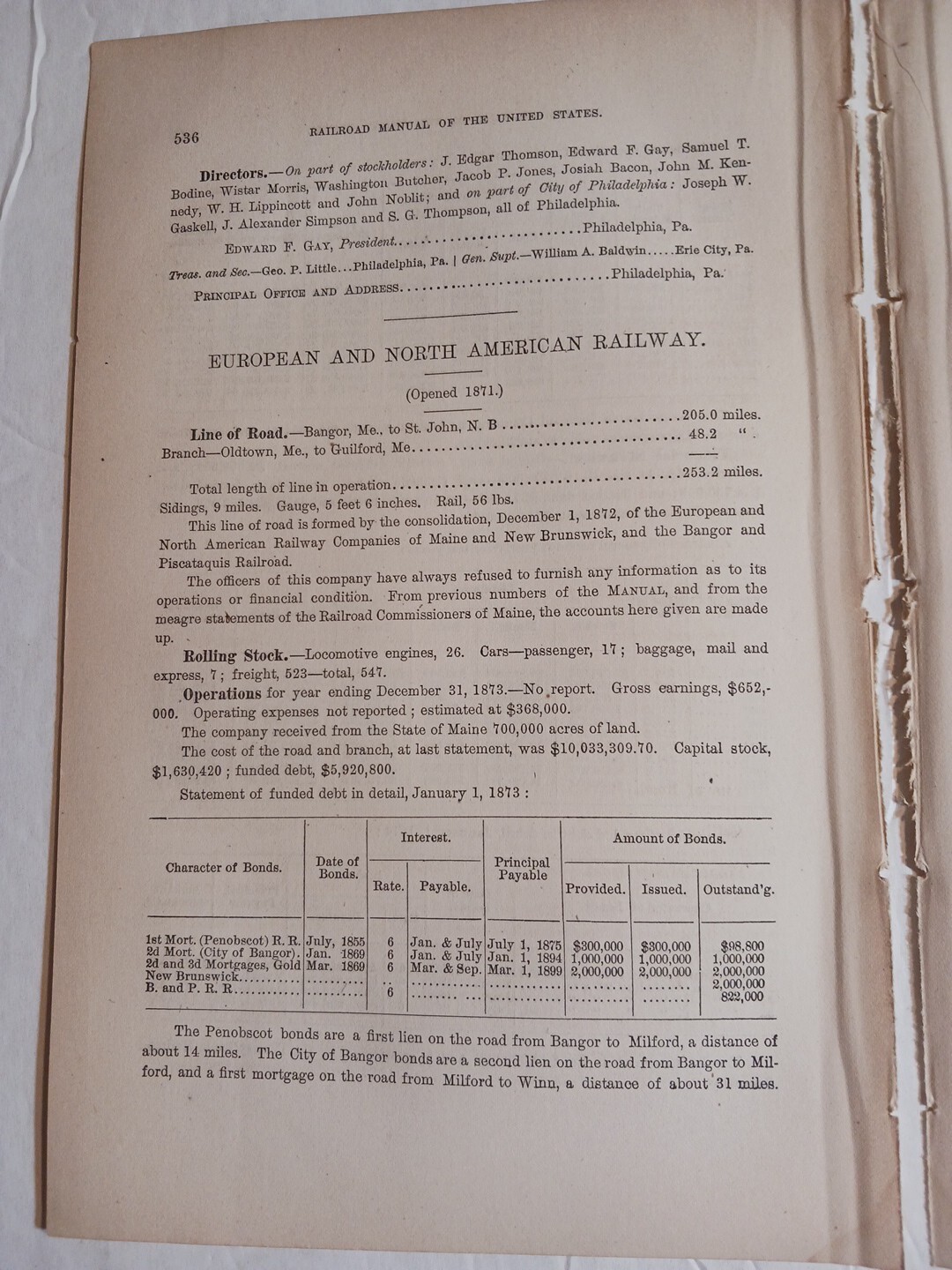1875 Train Report EUROPEAN & NORTH AMERICAN RAILWAY Bangor Maine ~ George Jewett
