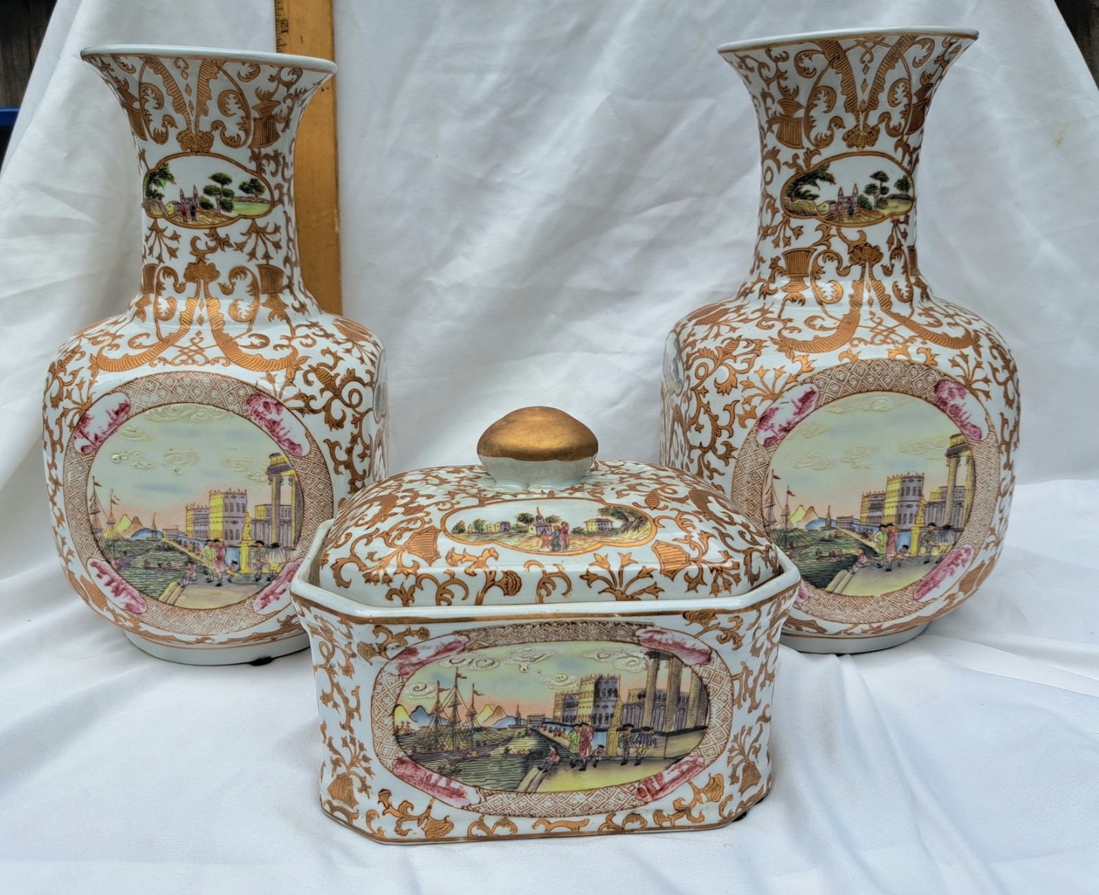 Vintage Pair of Chinese Porcelain Vases & Lidded Box, 3 Matching Pieces