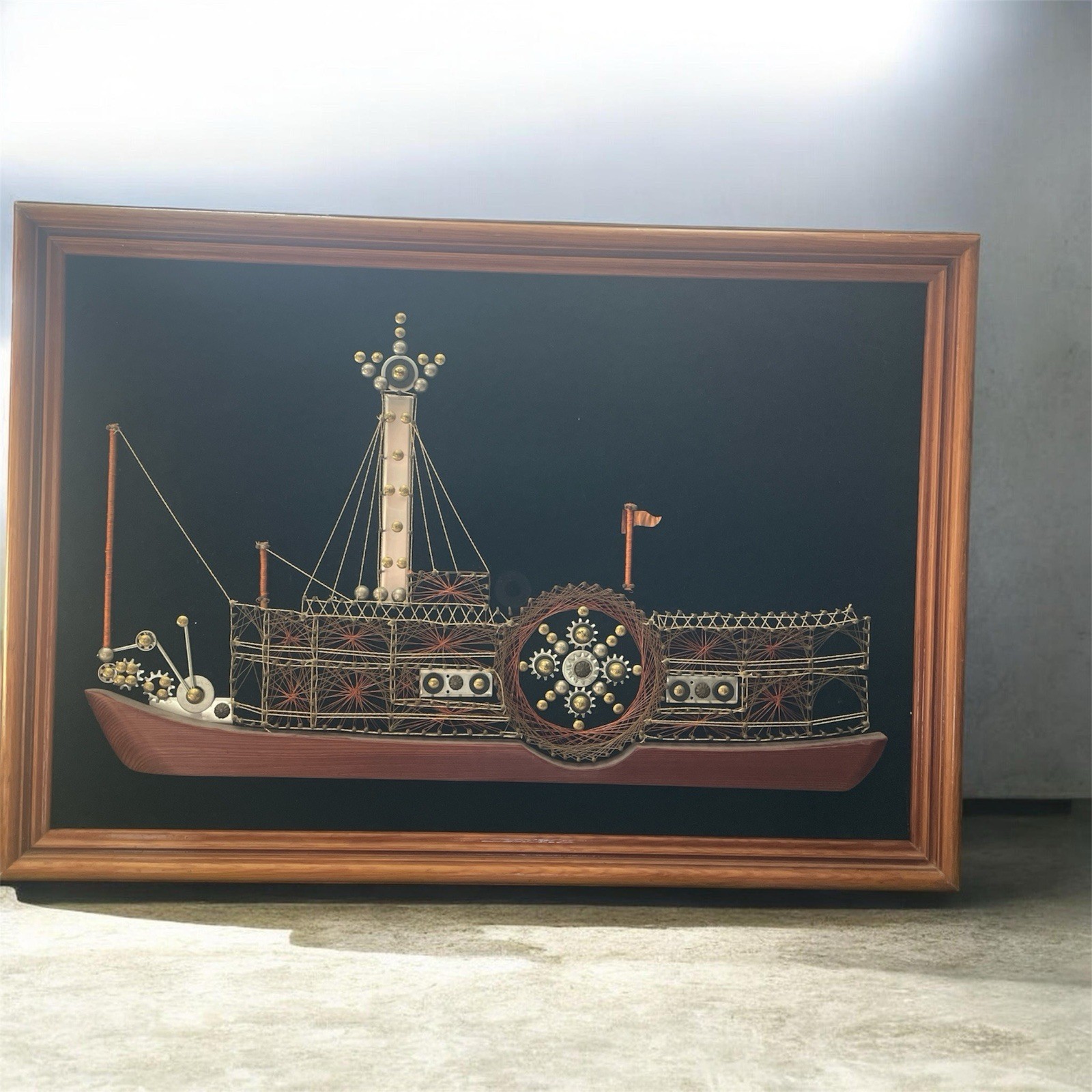 VINTAGE FRAMED STEAMBOAT STRING ART ON BLACK VELVET 25.5 X 17.5” MCM