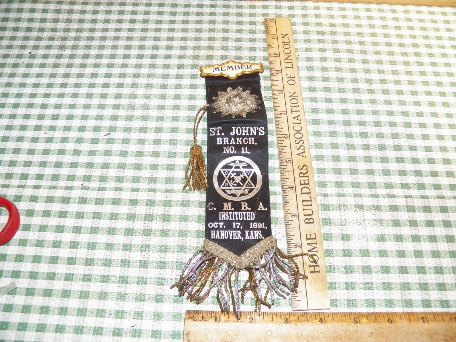 Vintage 1891 ST. JOHN'S HOLY NAME SOCIETY Member Badge Ribbon - Hanover, Kansas