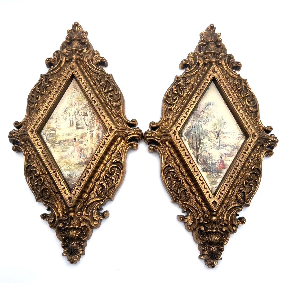 Vintage 1976 Burwood #1498 Gold Ornate Diamond Wall Plaques Pastoral Pair
