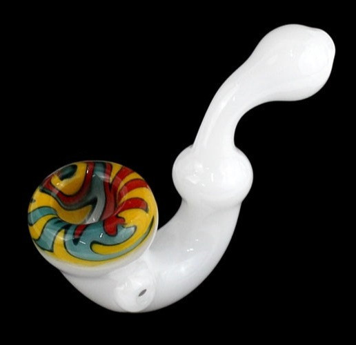 6 Inch White Prism Wig Wag Bowl with Multicolor Swirl Sherlock Tobacco Pipe