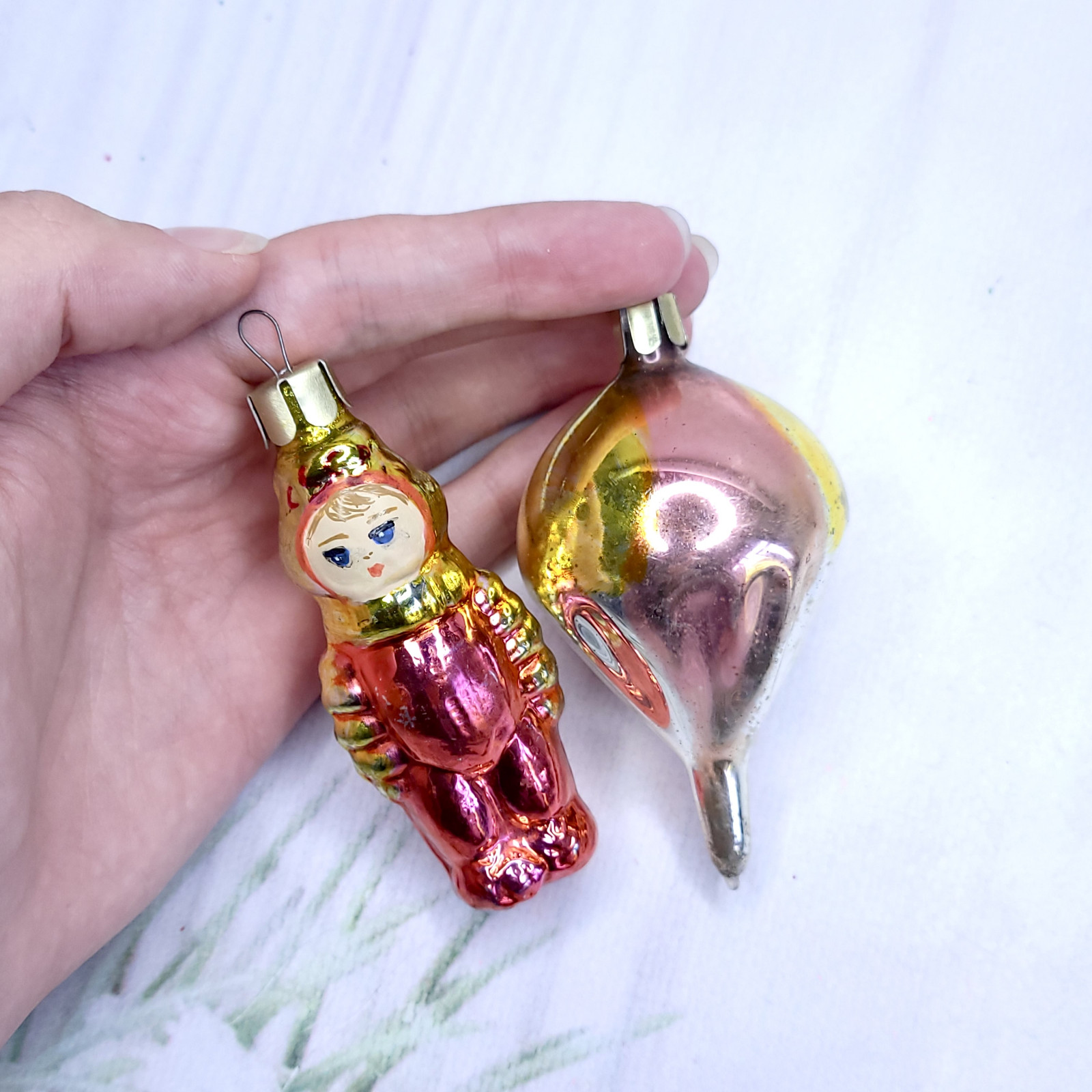 Vintage Old Christmas Toys Spaceman New Year Soviet Glass Toy Set of 2