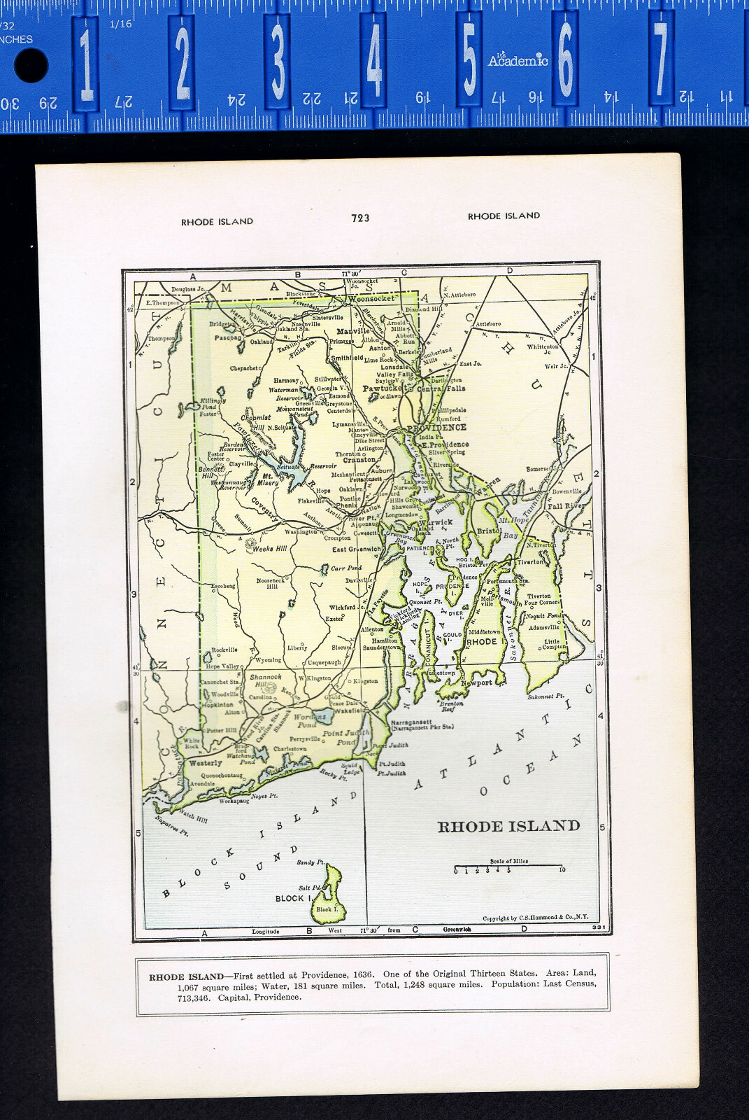SOUTH CAROLINA & RHODE ISLAND-Smaller Vintage 1947 Double Color State Map