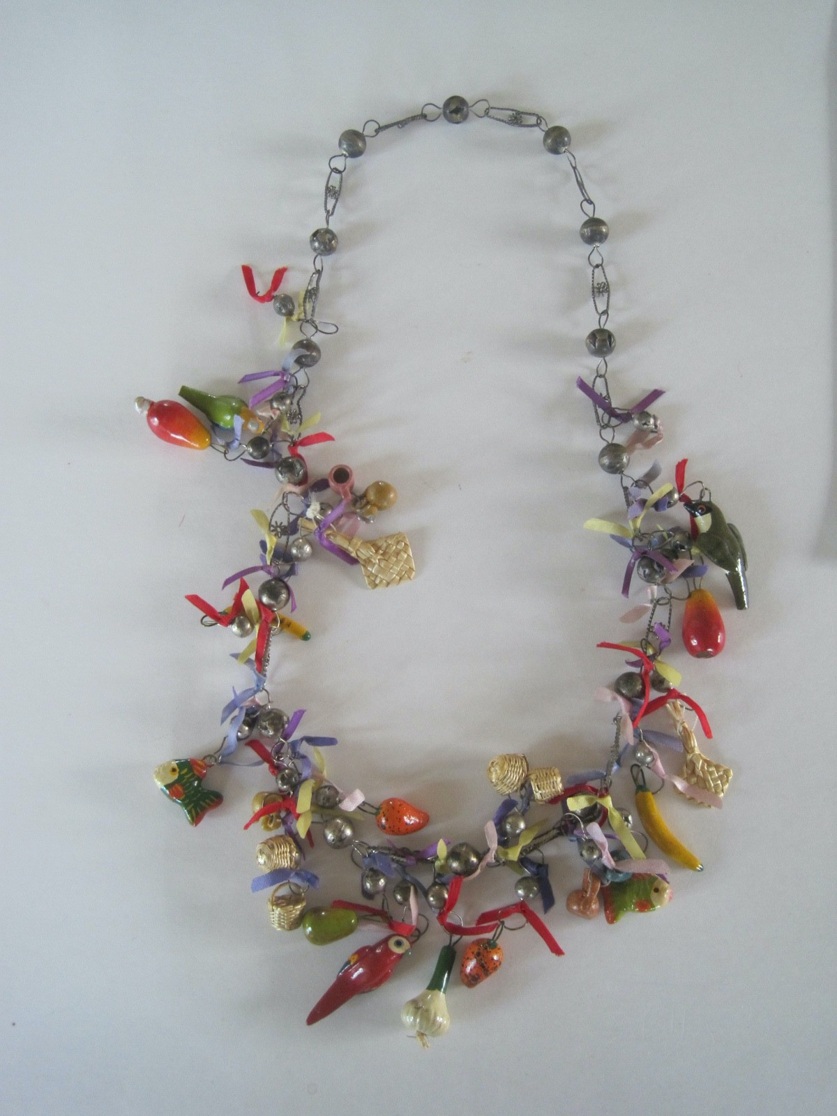Mexican Folk Art Link Necklace Fruit Animals Woven Baskets Vintage 30\