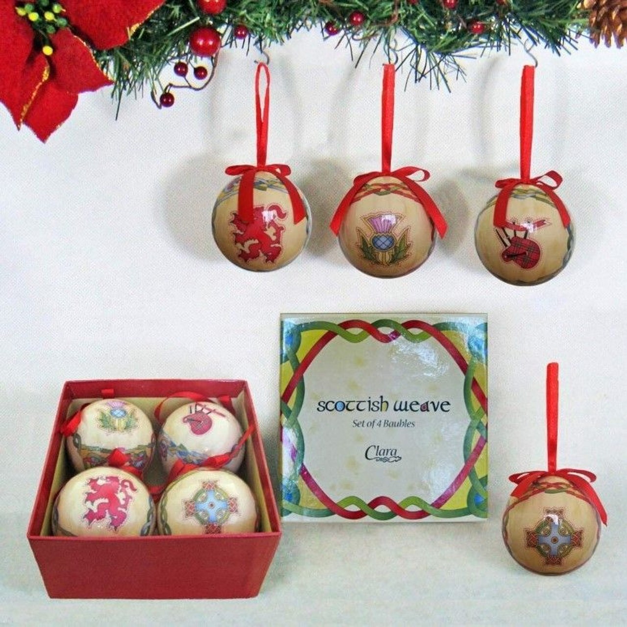 Royal Tara Scottish Emblem Christmas Baubles Box of 4 Ornaments