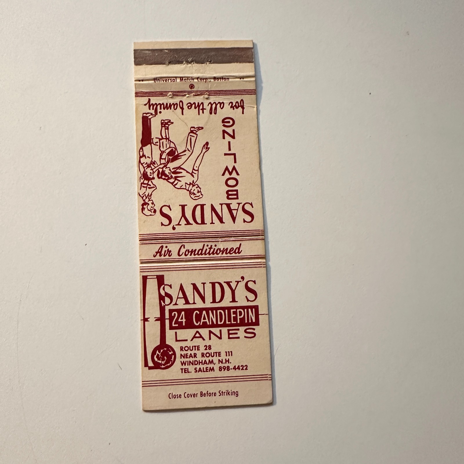 Sandy\'s Bowling 24 Candlepin Rt 28 Windham NH Vintage Matchbook Cover 5MB126-1