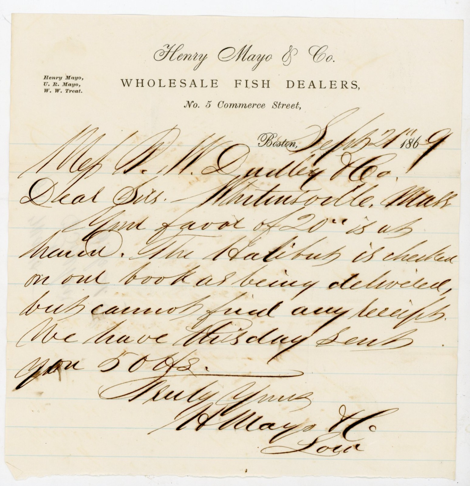 1869 Henry Mayo & Co Boston Wholesale Fish Dealer Letterhead ALS Invoice Note