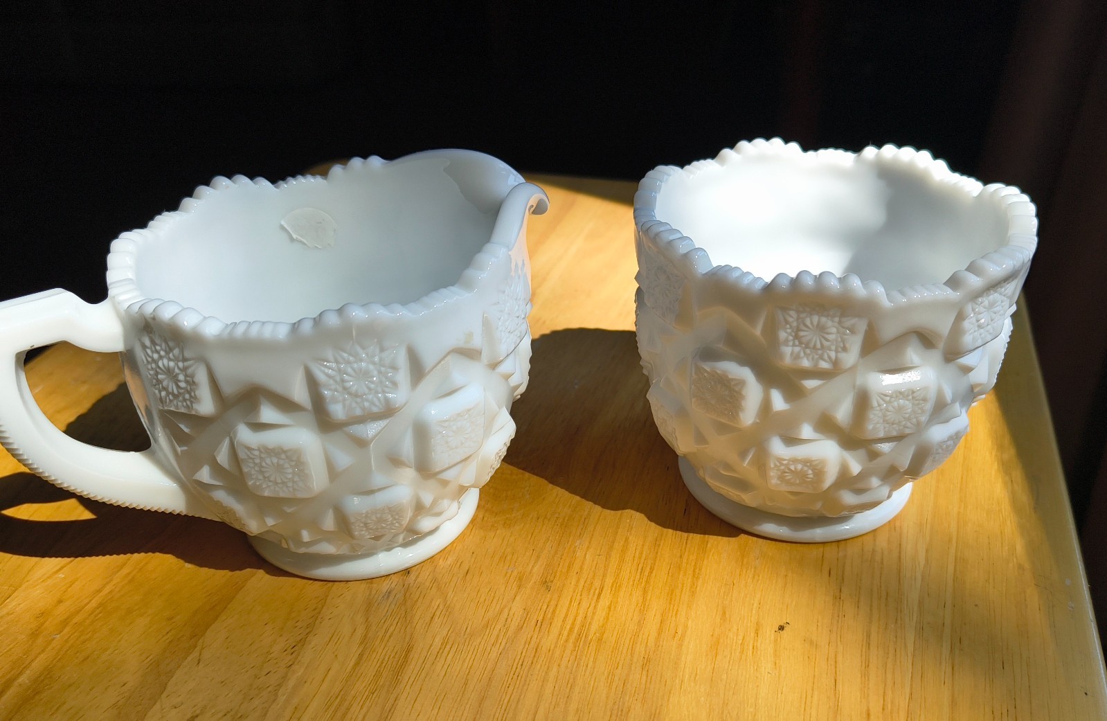Vintage Westmoreland Old Quilt Pattern Large Milk Glass Cream & Sugar Set