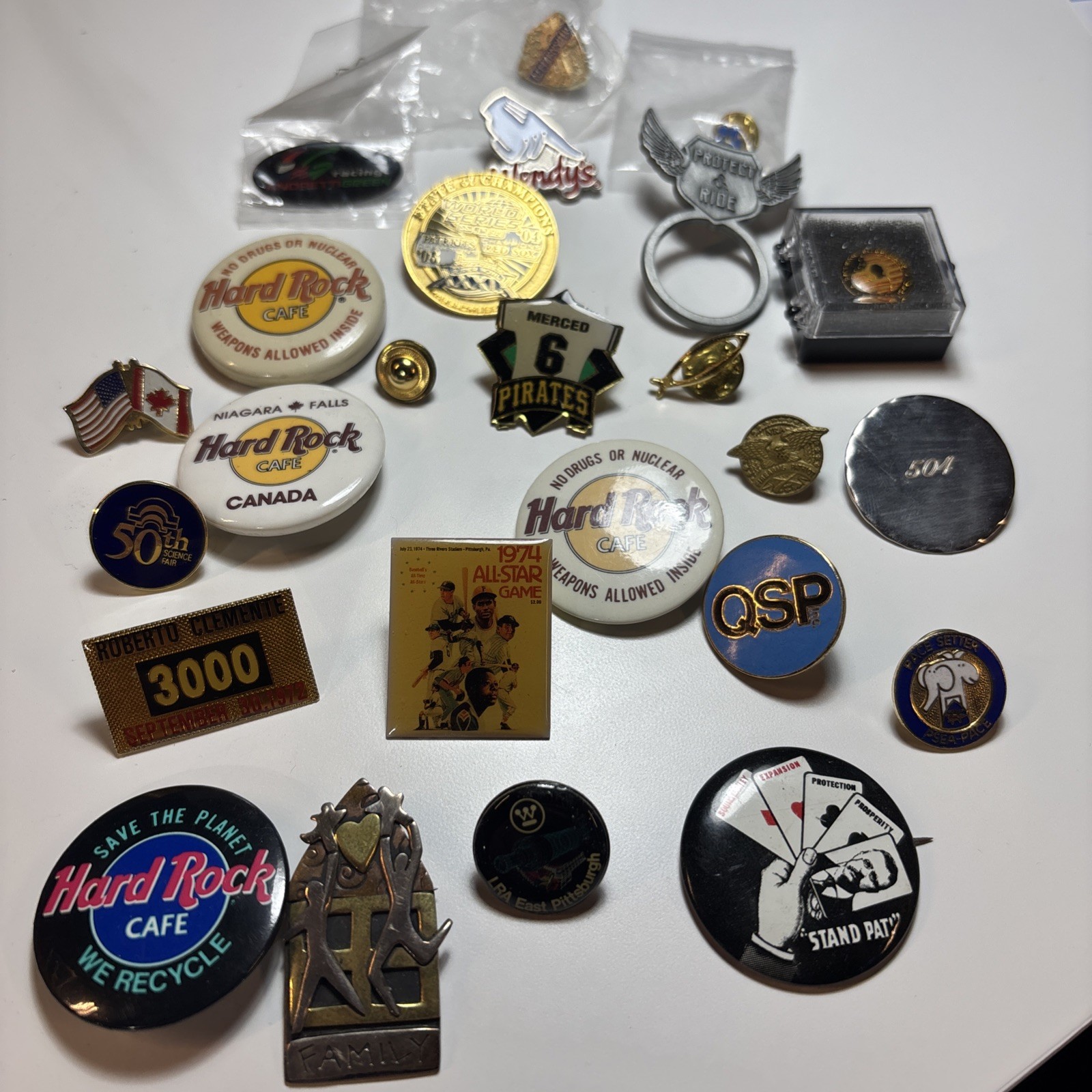 Lot Of Lapel Pins Buttons Hard Rock Westinghouse mlb pirates Clemente Andretti 