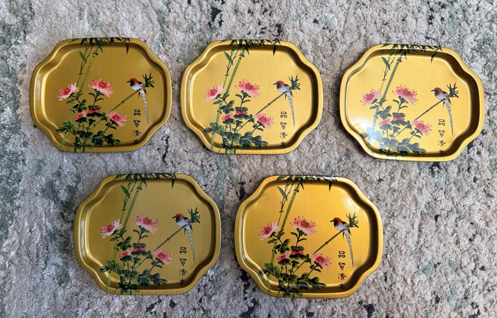 Vintage Set of 5 Metal Trays Beautiful Bird Flowers 7.5” x 6” Made in Hong Kong