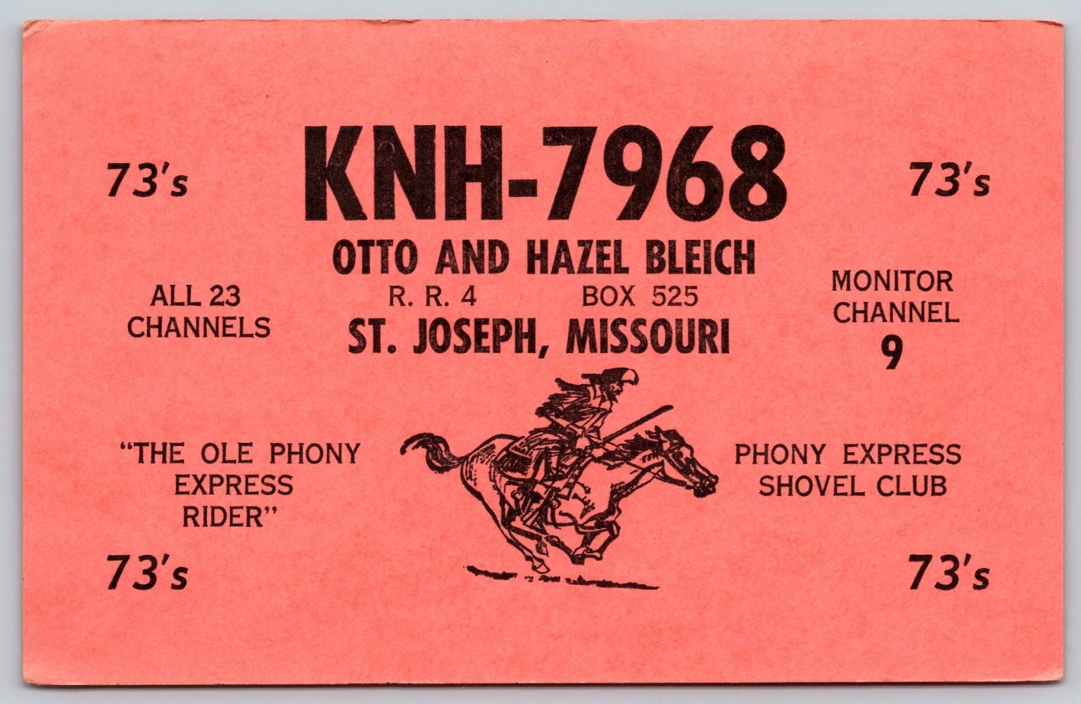 Vintage KNH-7968 CB Radio QSL Card St. Joseph Missouri Pony Express Rider B48