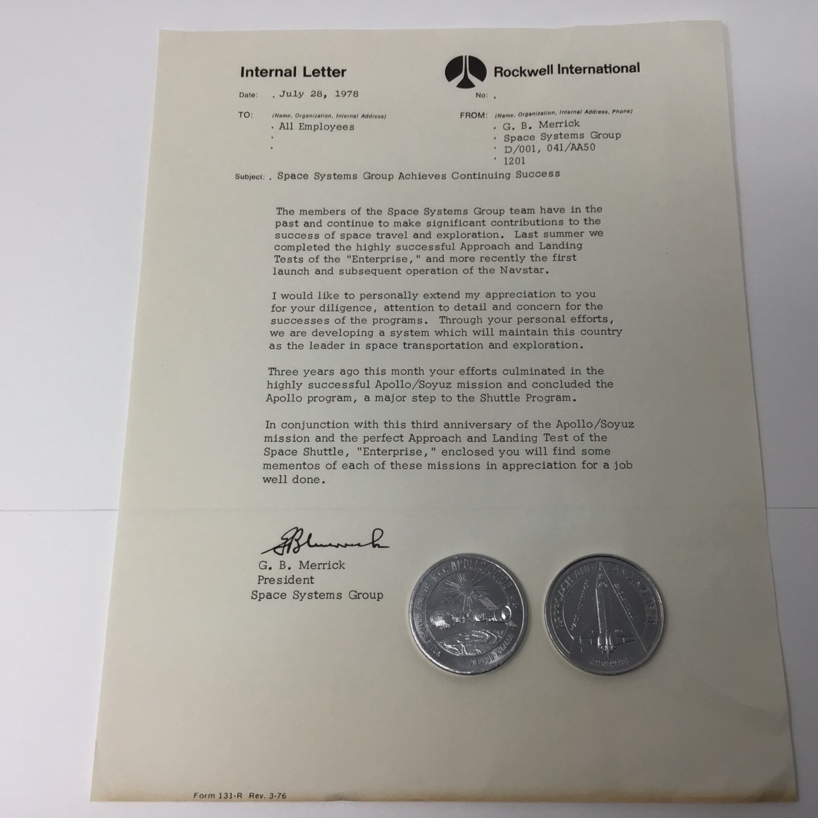 internal letter Momentos of Missions Apollo/Soyuz + “Enterprise\ internal letter Momentos of Missions Apollo/Soyuz + “Enterprise\