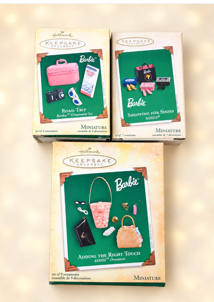 Lot 3 Hallmark Barbie Miniature Ornament Sets 2003-2005 Shoes Bags Road Trip