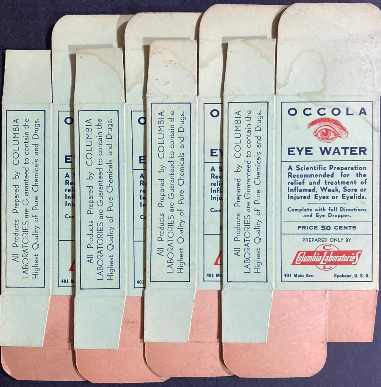 1940s lot of 4 OCCOLA Eye Water Boxes with a starring Eye - Spokane, Washington