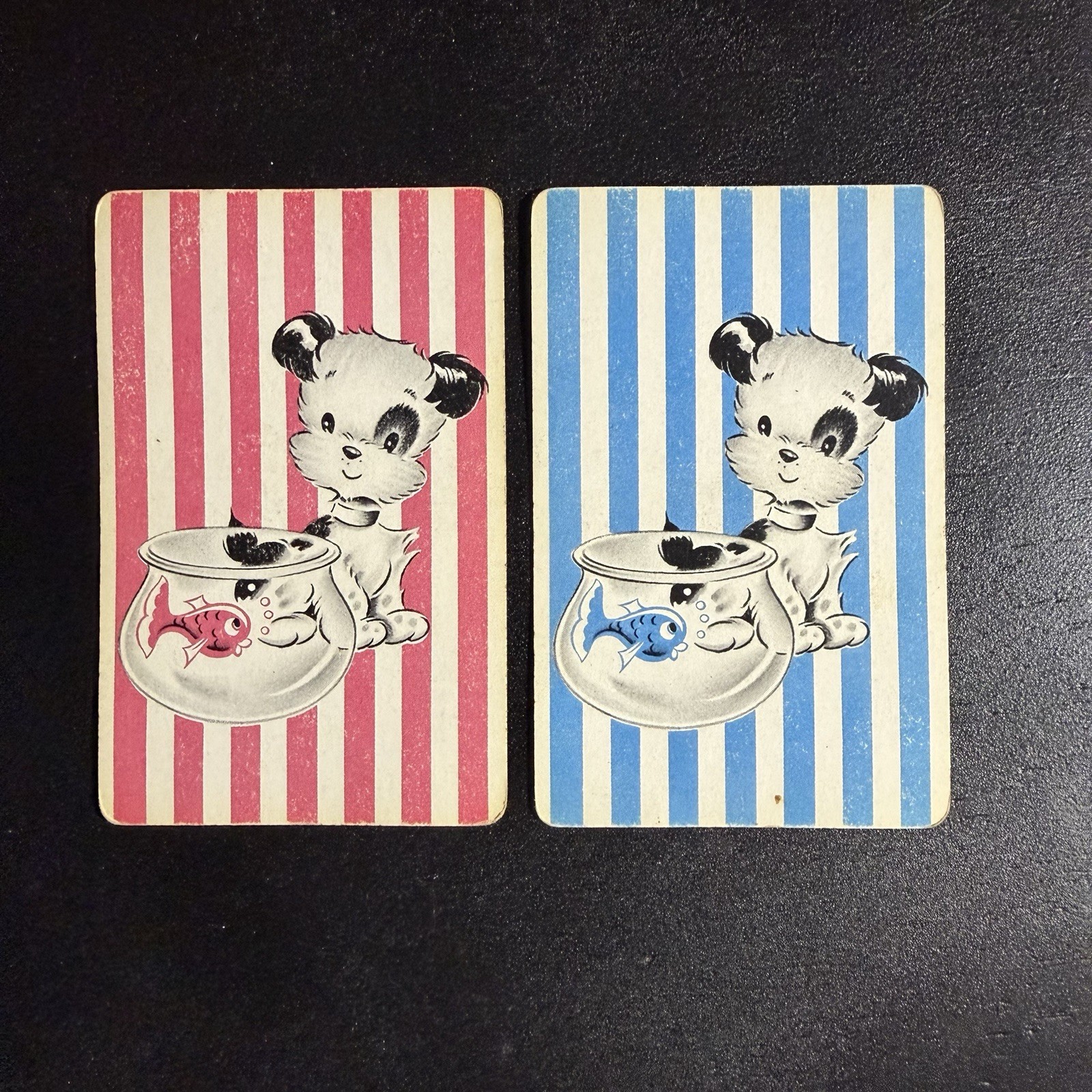 Kitsch Puppy Dog & Fish Bowl Single Swap Playing Card Companions -c. 1950s