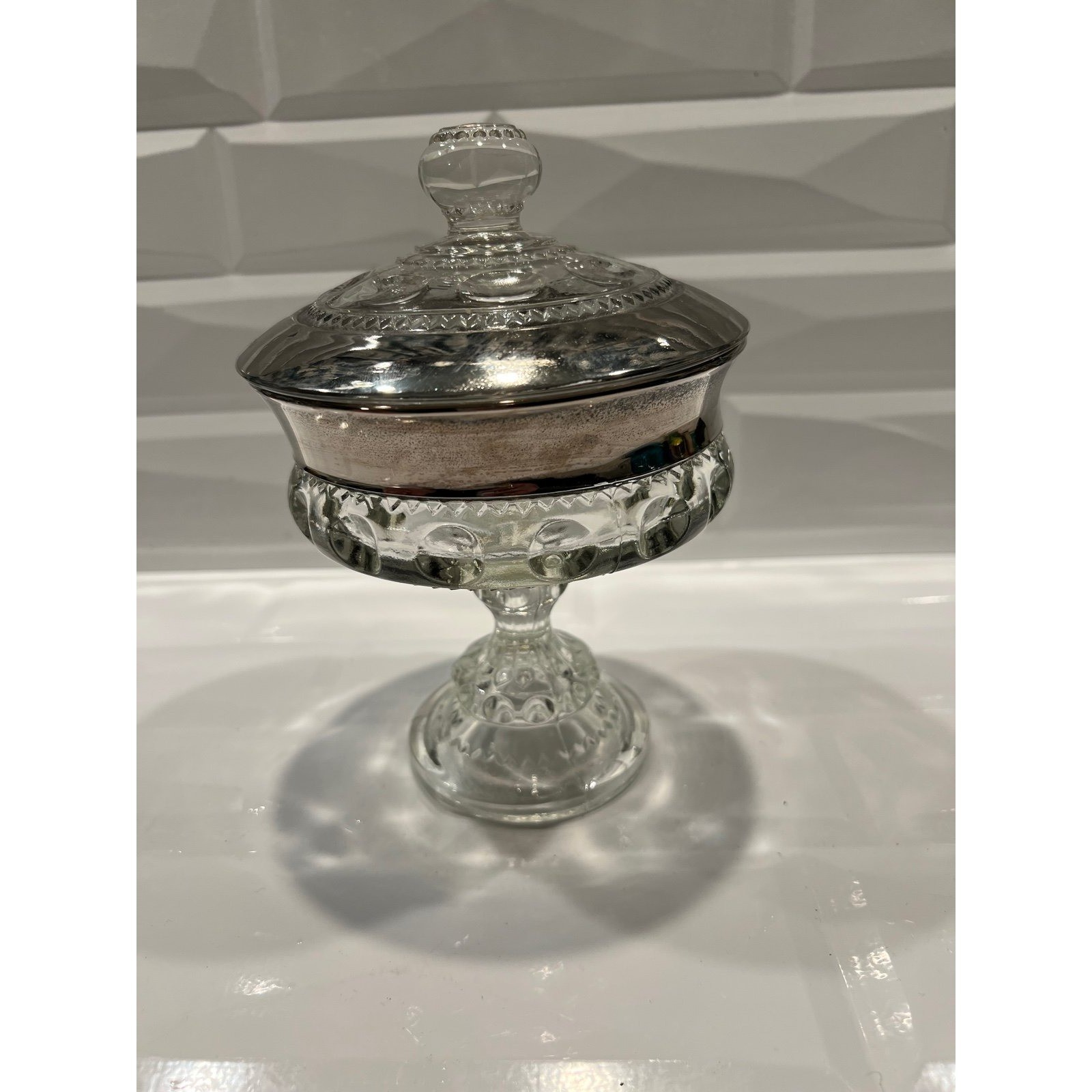 Indiana Glass Kings Crown Crystal Compote with Platinum Stain