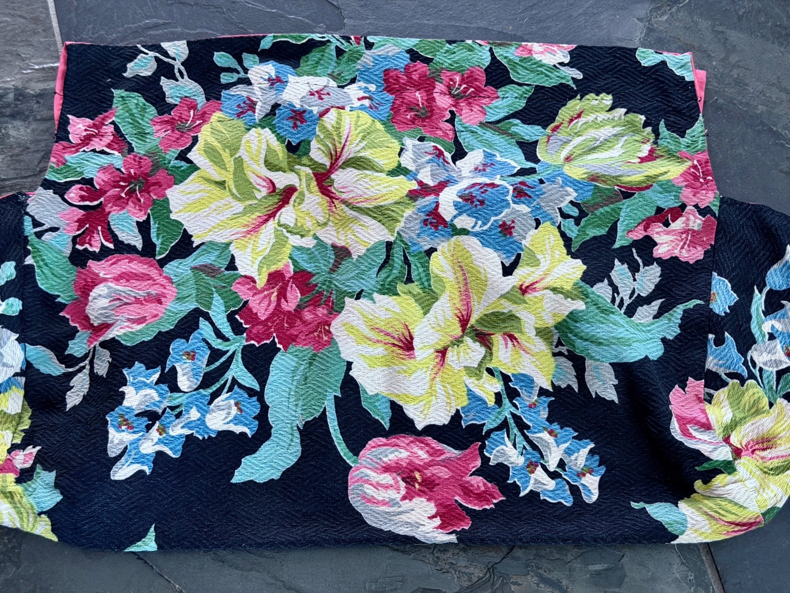Granny Clutch Black Shabby Chic Bamboo Hand Bag Barkcloth Vintage Fabric Tote