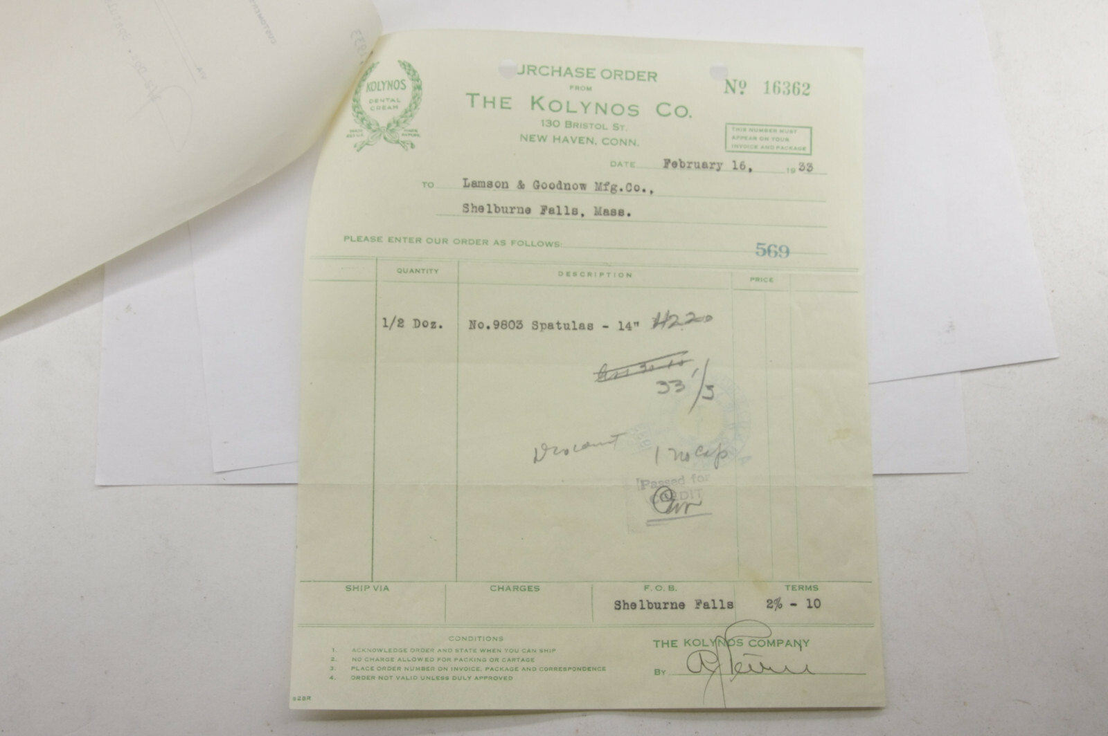1933 Lamson Goodnow The Kolynos Co New Haven CT Purchase Order Ephemera P803H 1933 Lamson Goodnow The Kolynos Co New Haven CT Purchase Order Ephemera P803H