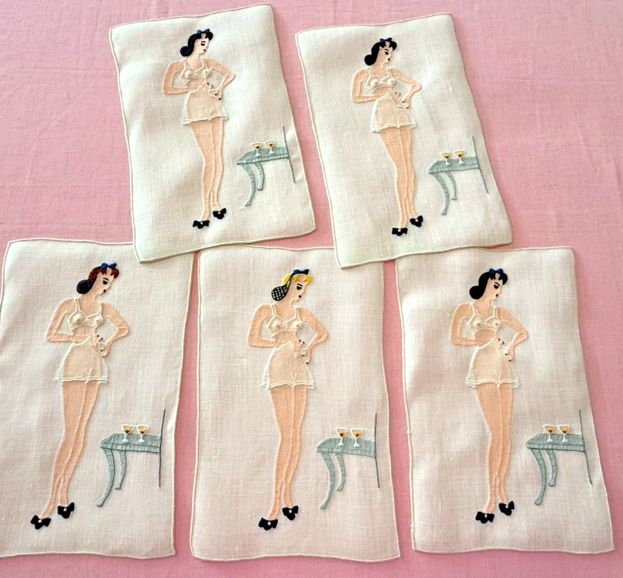 Vintage Cocktail Napkins 1950s Risque Pin Up Girls Madeira Embroidered Linen 5