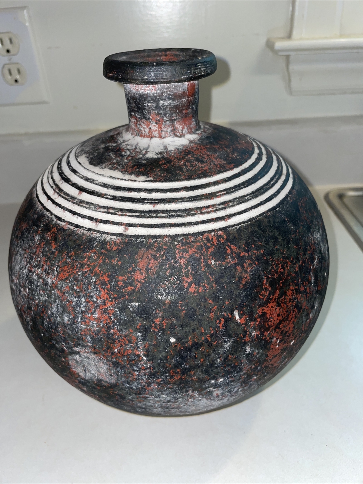 Studio Art Pottery 10” Vase Textured Red Black & Beige Glaze Signed Studio Art Pottery 10” Vase Textured Red Black & Beige Glaze Signed