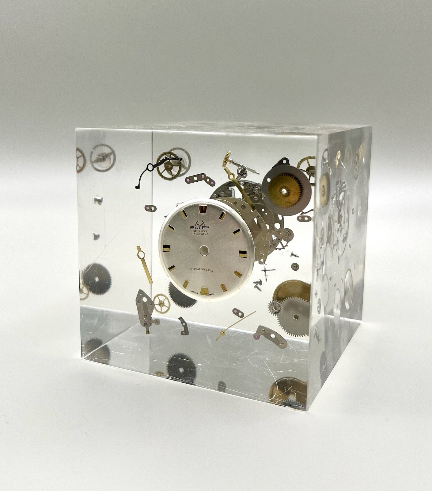 Vintage Buler De Luxe 17 Jewel Swiss Watch Movement Lucite Paperweight MCM