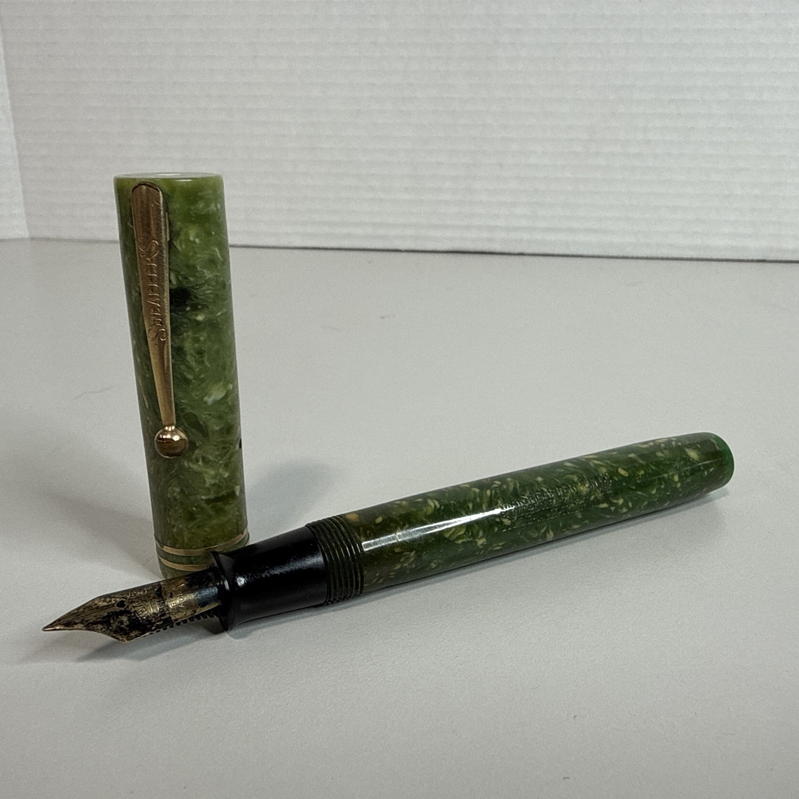 1928 Sheaffer Flat Top 14k Nib Fountain Pen Jade Green Marbled READ DESCRIPTION