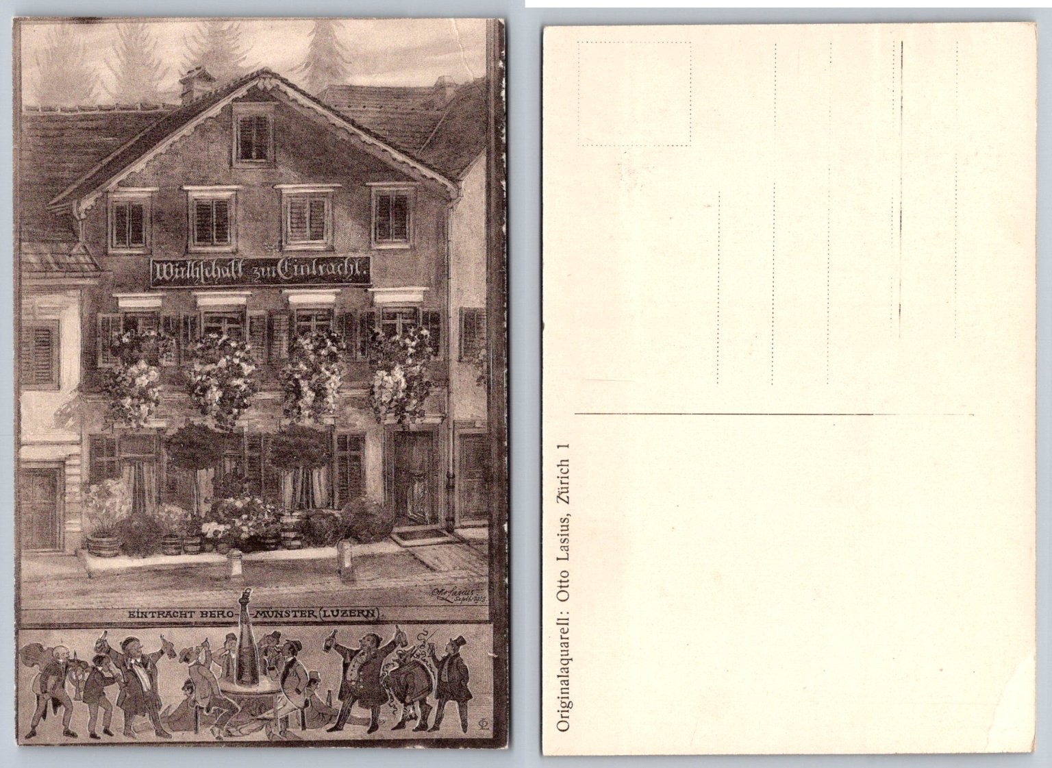 1913 Luzern Switzerland Eintracht Münster Otto Lasius Watercolor Postcard 1913 Luzern Switzerland Eintracht Münster Otto Lasius Watercolor Postcard