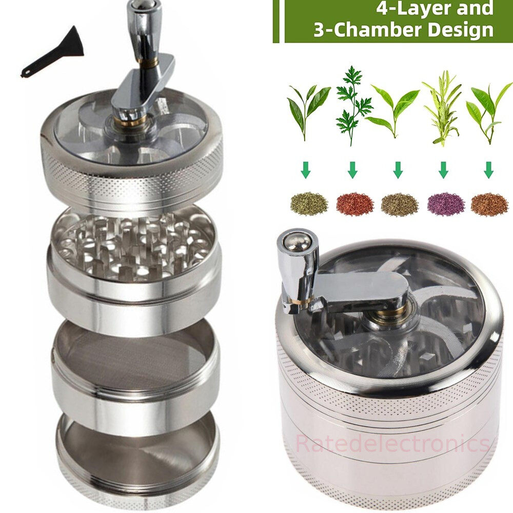 Chrome Metal Dry Herb Crusher Tobacco Spice Fine Handle Grinder 4 Layers Piece