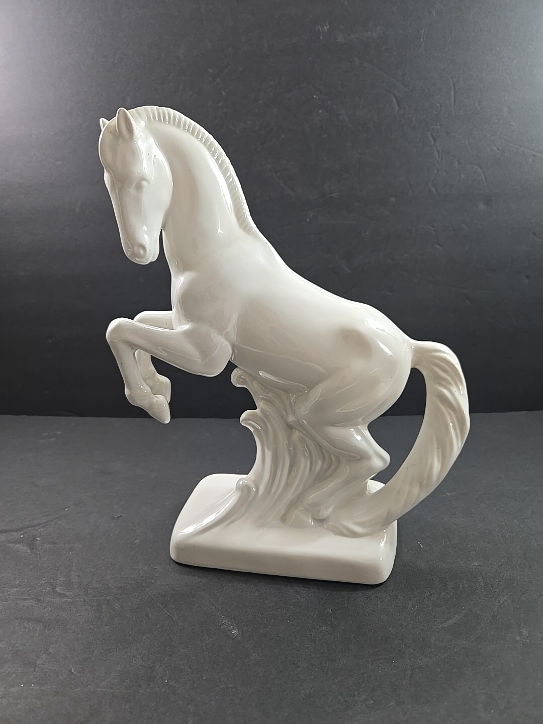 Vtg 1975 Hand Crafted White Glazed Ceramic Rearing Horse Figurine Signed 12\