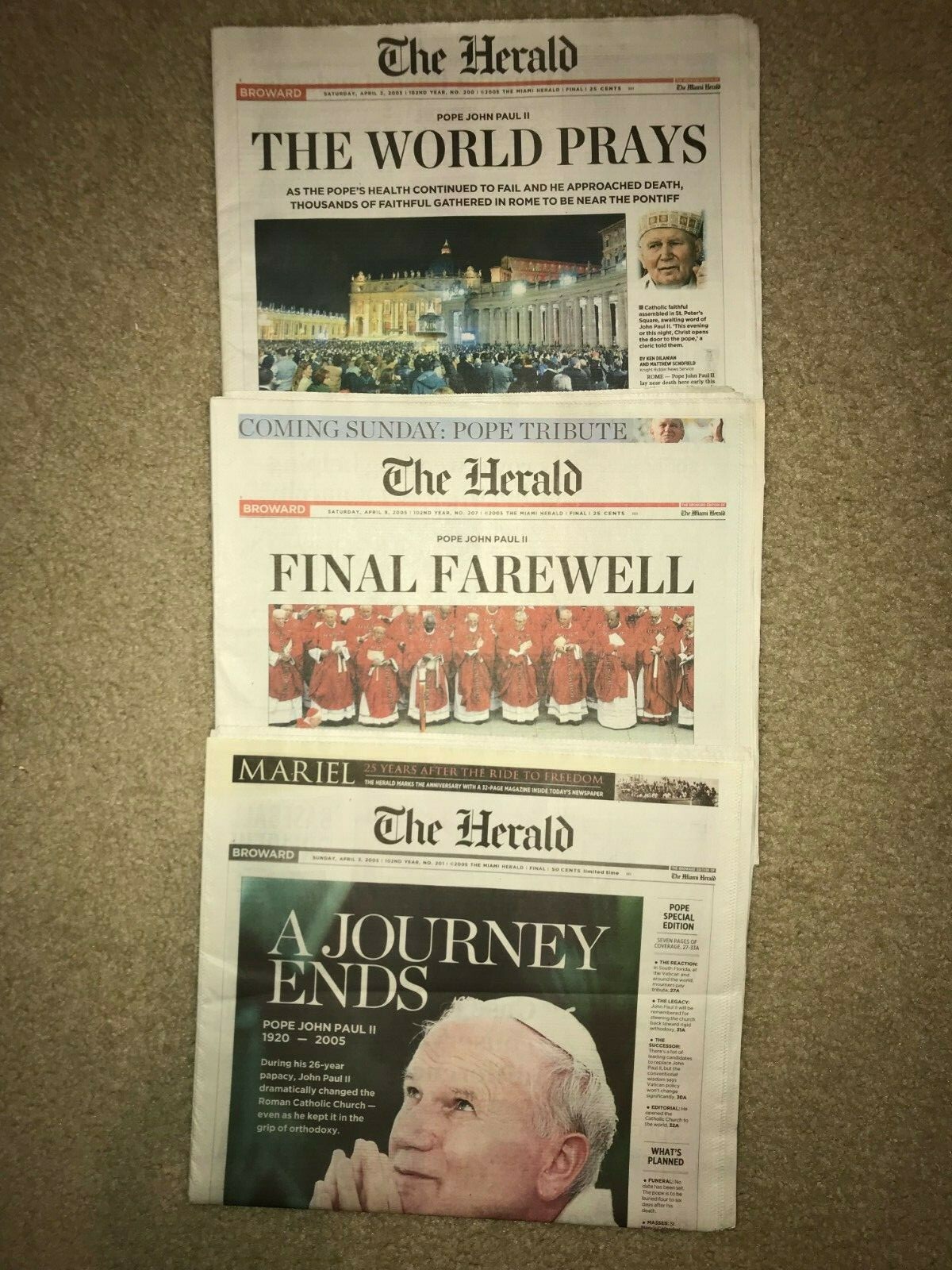 Three Old Newspapers Pope John Paul II Death