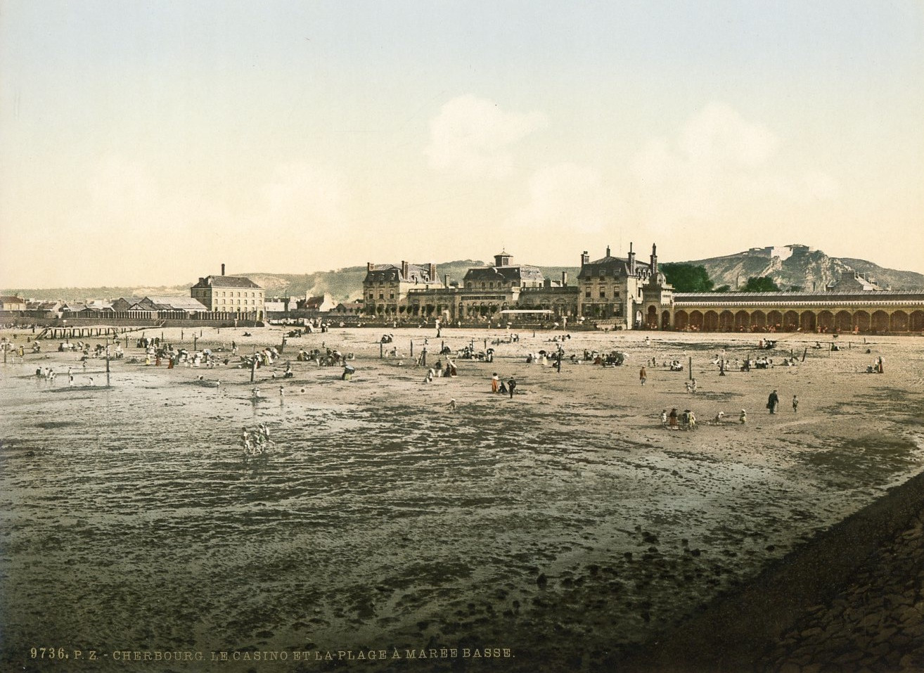 Cherbourg. The casino and the beach at low tide. Vintage photochromic photoc PZ