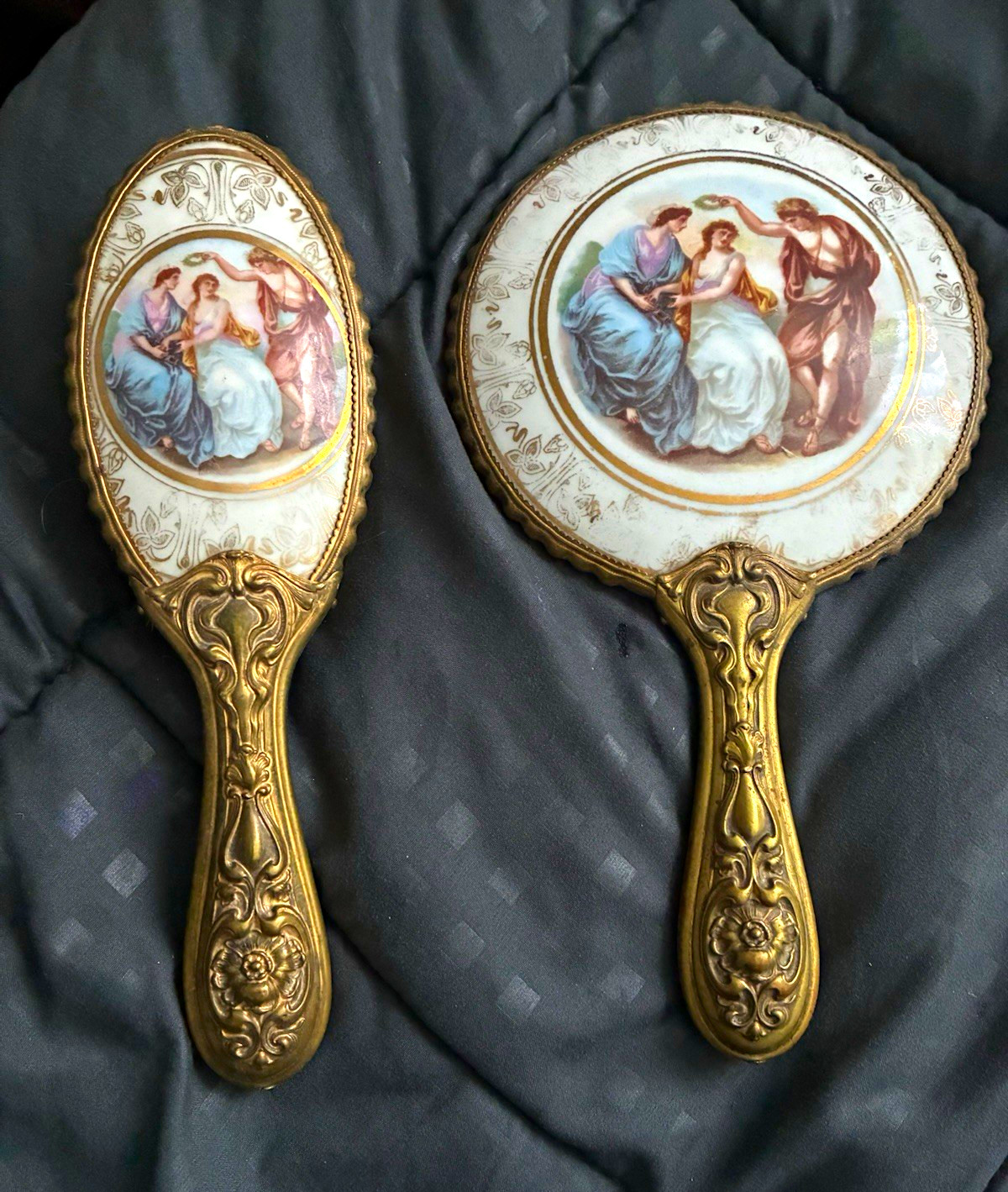 Vintage Ornate Hand Mirror & Hairbrush Set, Classical Scene Decorative Handles