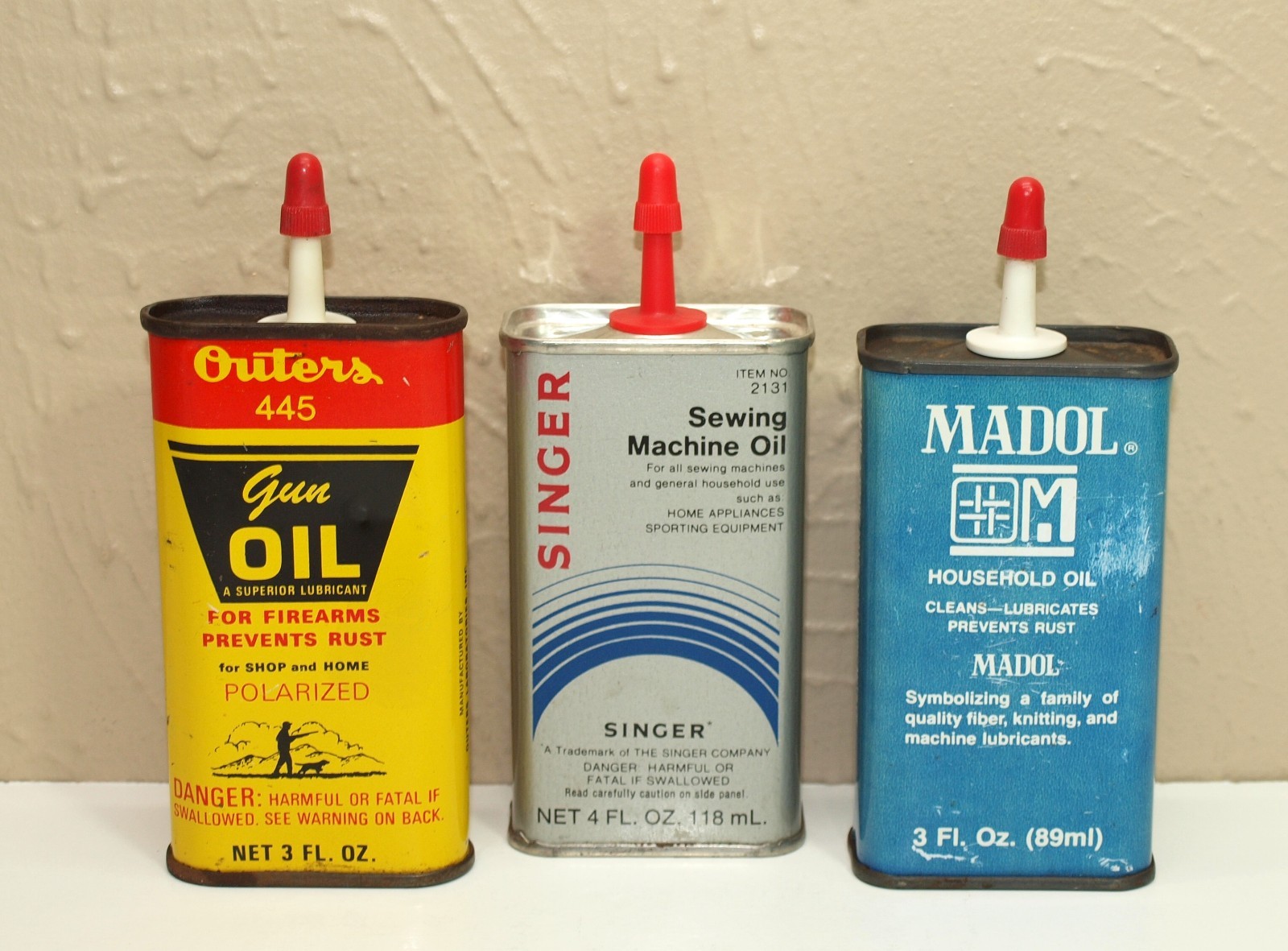 Vintage Lot of 3 Oil Can Tins * OUTERS Singer MADOL * Handy Oilers