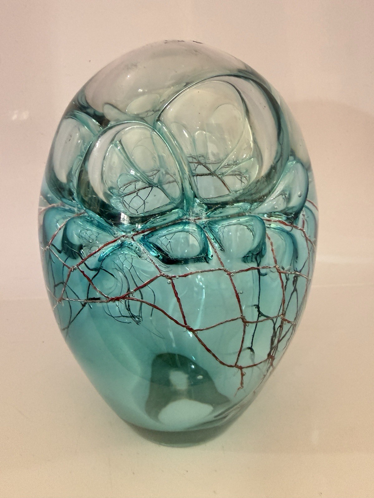 Beckwith Art Glass Egg Scupture Abstract Aqua Gold Webbing Hand Blown  Signed 7”