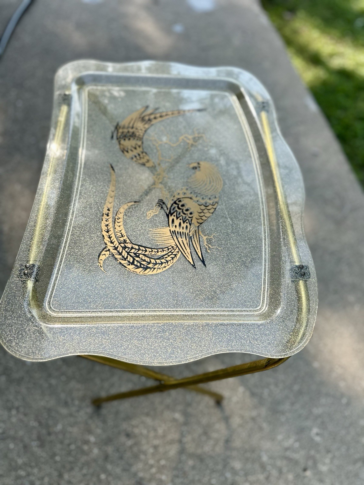 Vintage MCM Quaker Industries Lucite TV Trays Set 4 Gold Fleck Pheasants