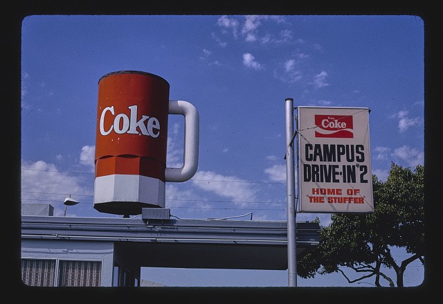 Photo:Greenfield California 1960s Campus Drive-In Coke Mug Sign Storefront