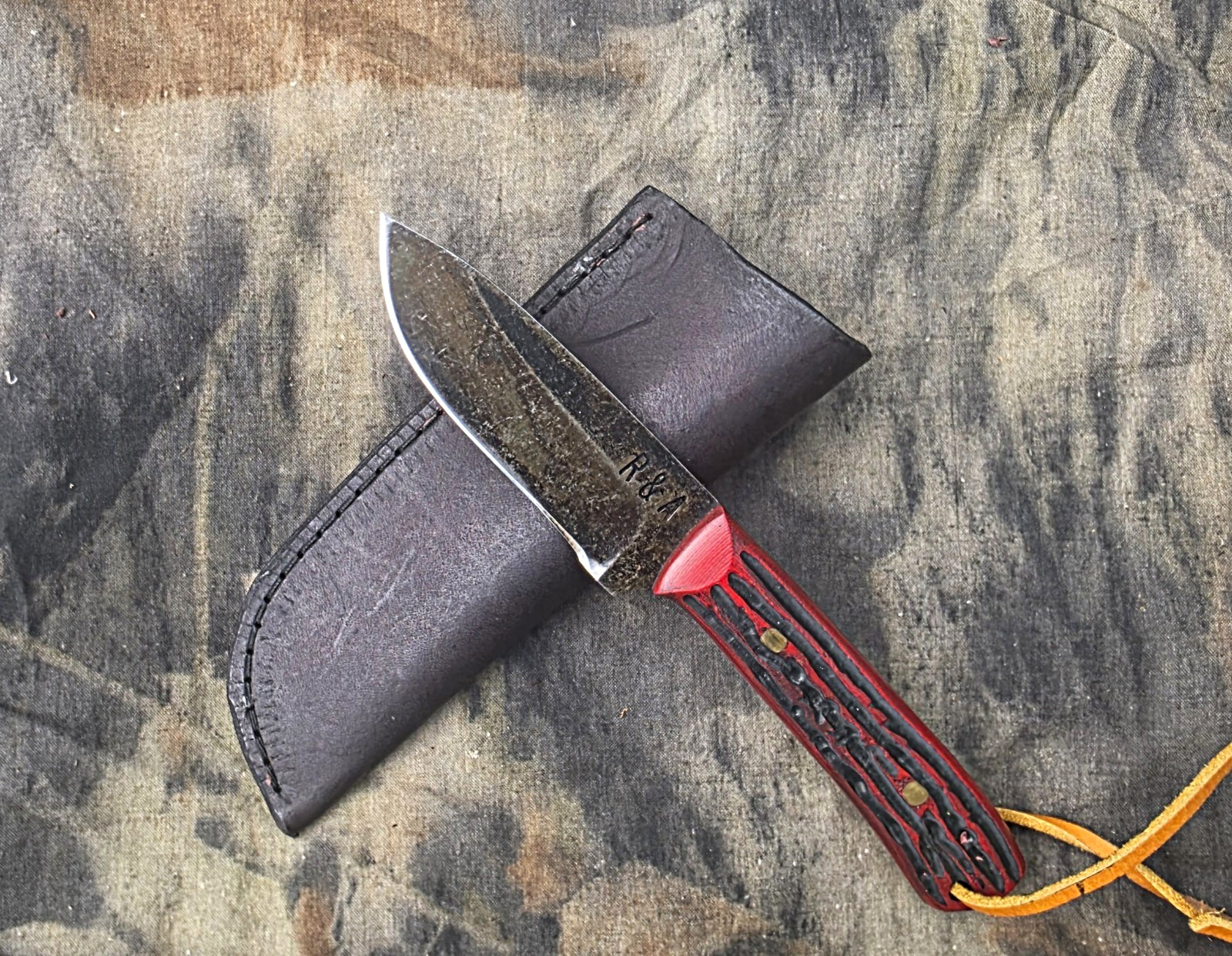 R&A Custom Handmade Knife USA 8670 Carbon Steel Droppoint G-10 Jigged Scale
