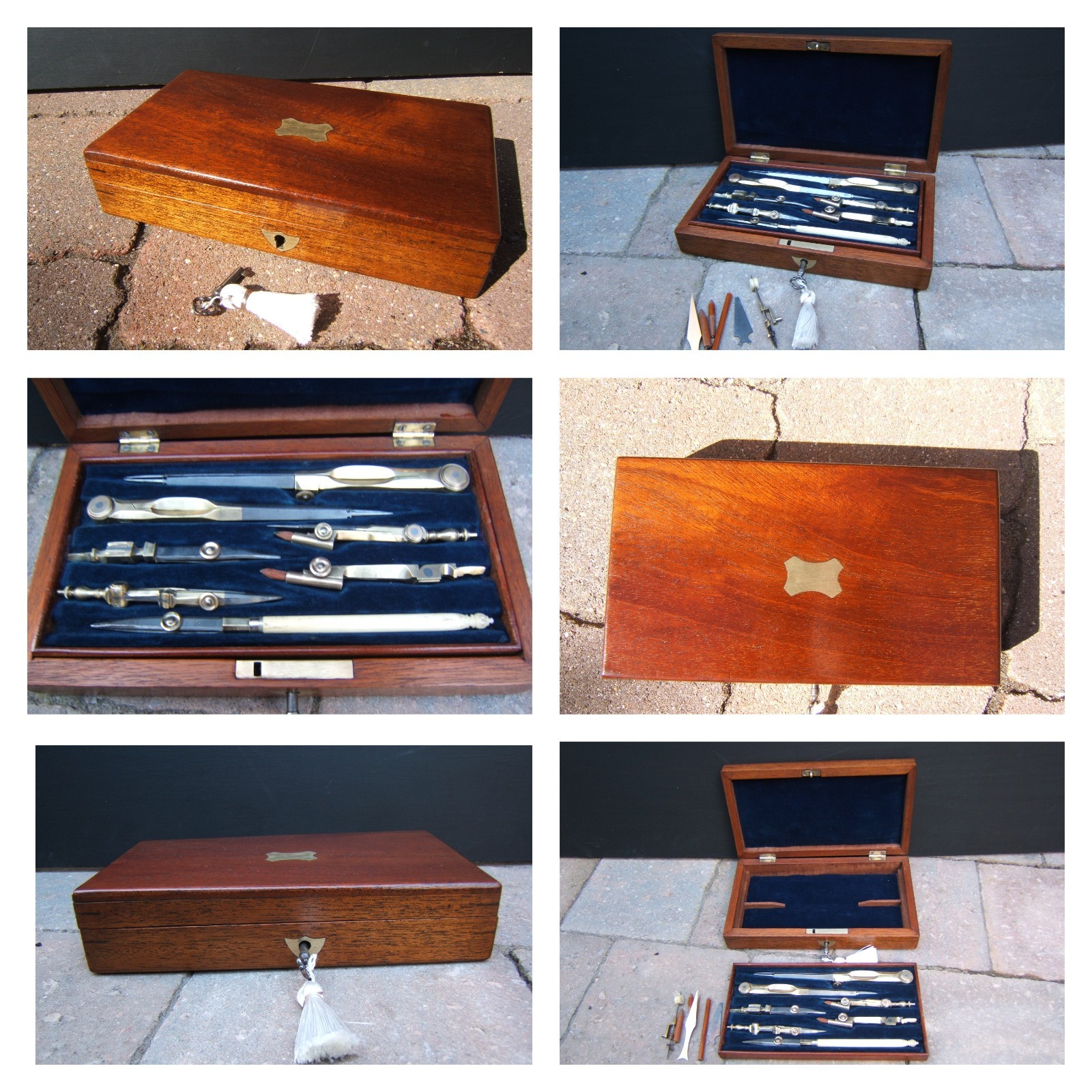19C ANTIQUE MAHOGANY INLAID TECHNICAL DRAWING BOX - WONDERFUL INTERIOR