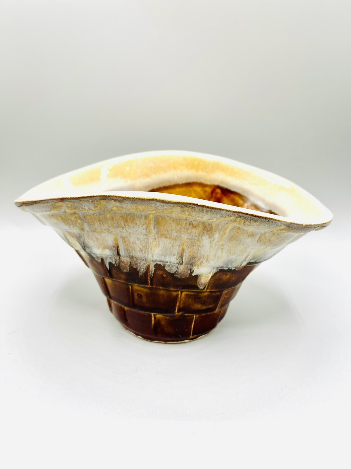 Vintage California Pottery Brown Drip Glaze Basket Planter FO 29 4” Tall MCM