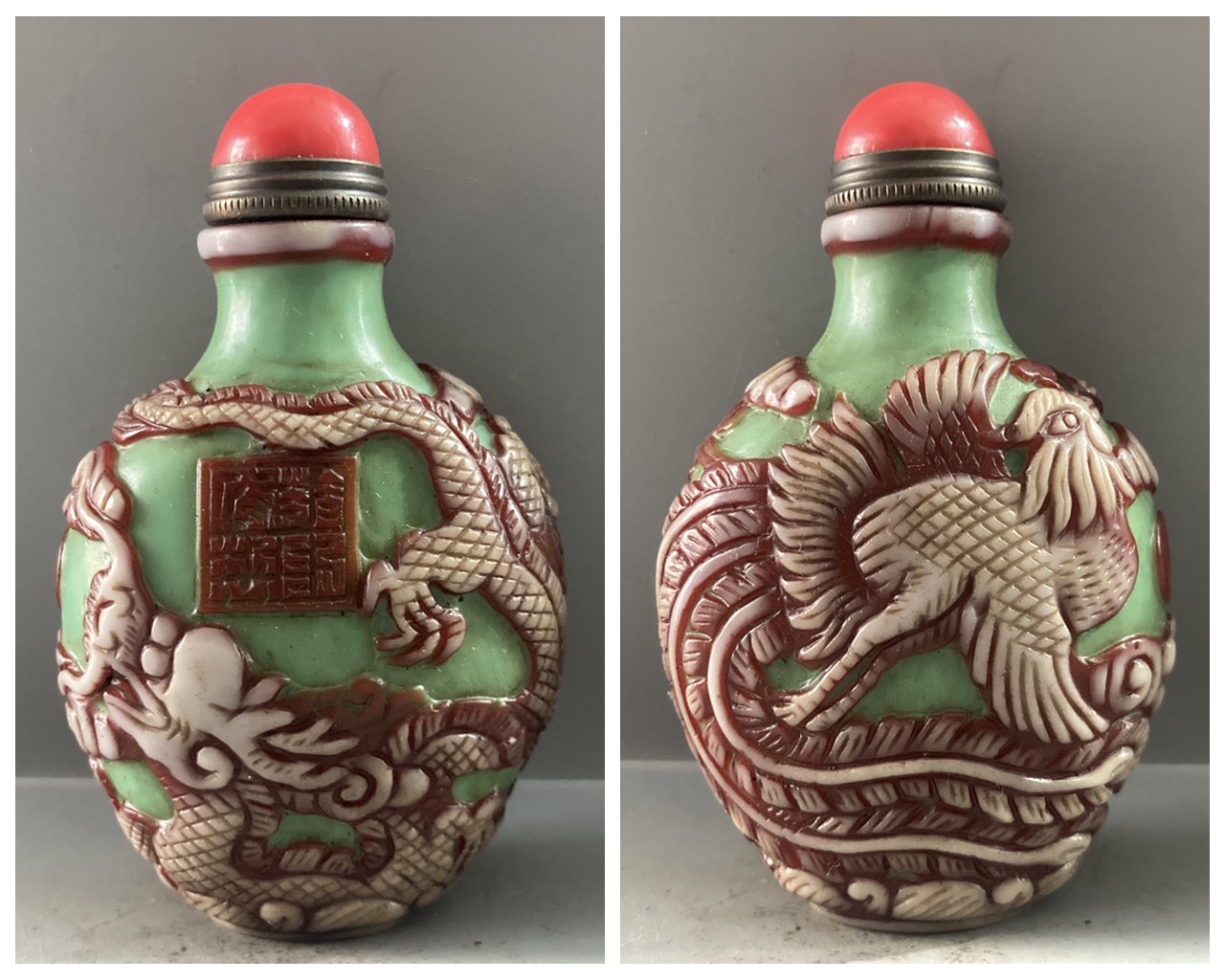 China Old Beijing Glaze Nicely Carved Dragon Phoenix Statue Beautiful Bottle Art