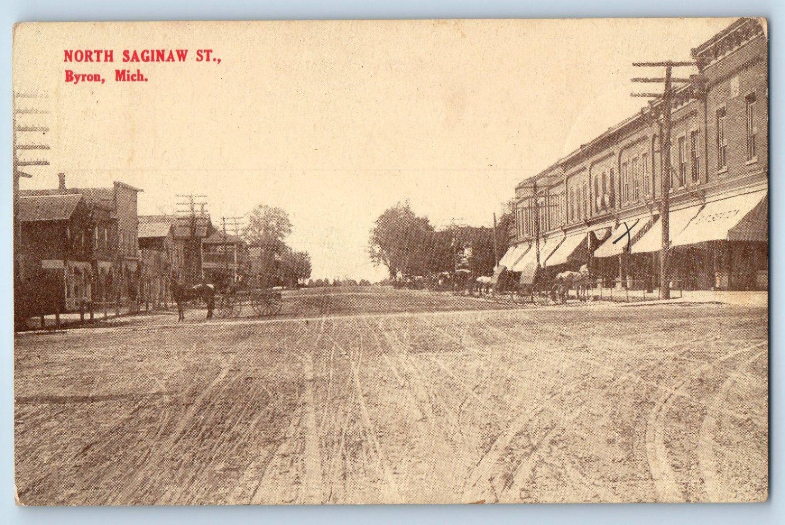 c1910's North Saginaw St. Byron Michigan MI Horse Carriage Antique Postcard